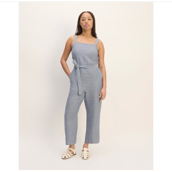 EVERLANE The Linen Side-button Blue White Straight Leg Jumpsuit Size 2 - Picture 1 of 15